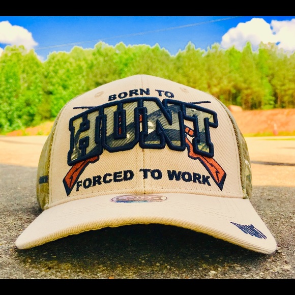 Embroidered: Born To Hunt Forced To Work cap. - Picture 2 of 3